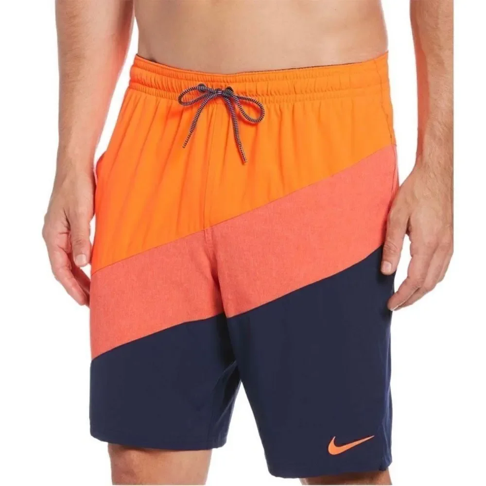 Nike Total Orange & Blue Color block Strip Volley Swim Shorts Size Large NWOT